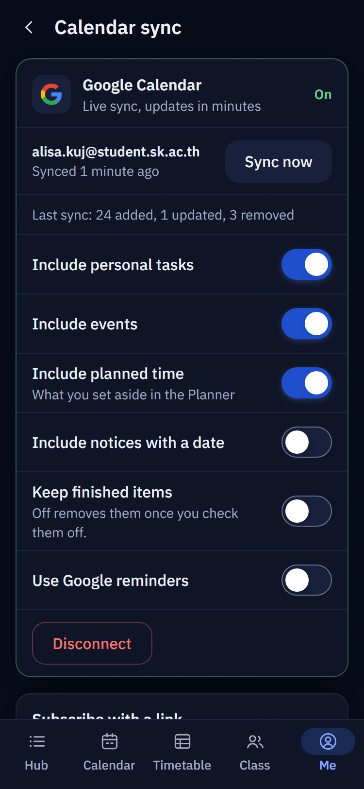 Calendar sync settings with Google Calendar connected