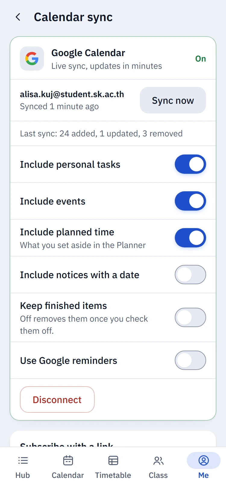 Calendar sync settings with Google Calendar connected